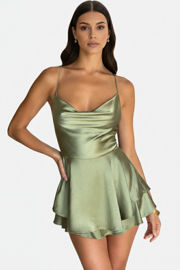 Satin Spaghetti Strap Tiered Mini Dress with Lace Up Back