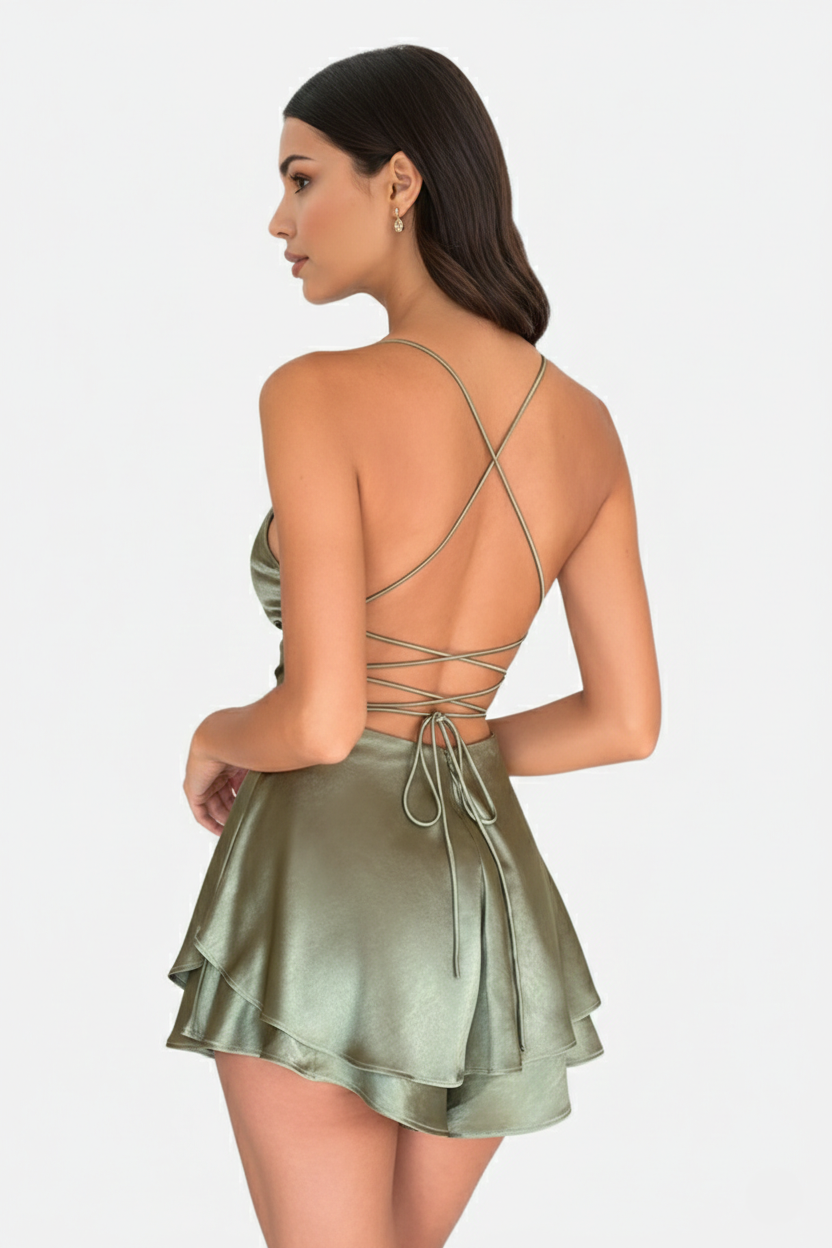 Satin Spaghetti Strap Tiered Mini Dress with Lace Up Back
