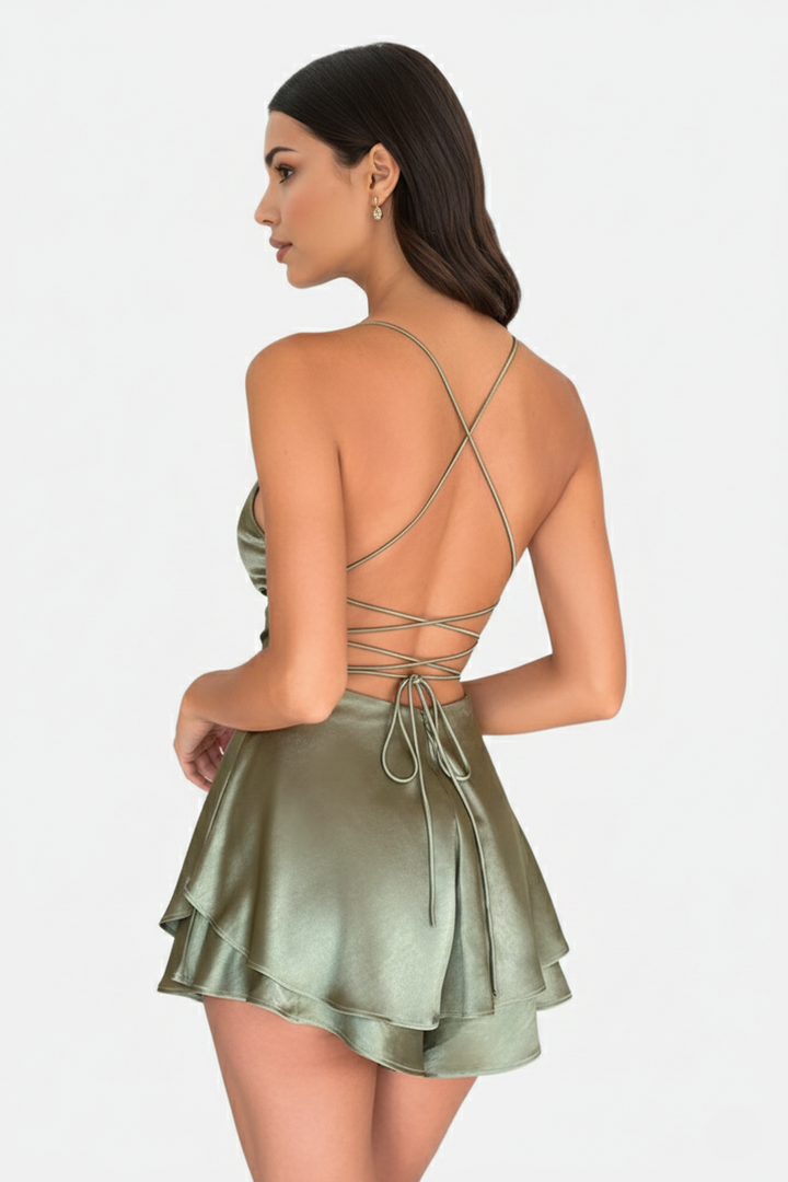 Satin Spaghetti Strap Tiered Mini Dress with Lace Up Back