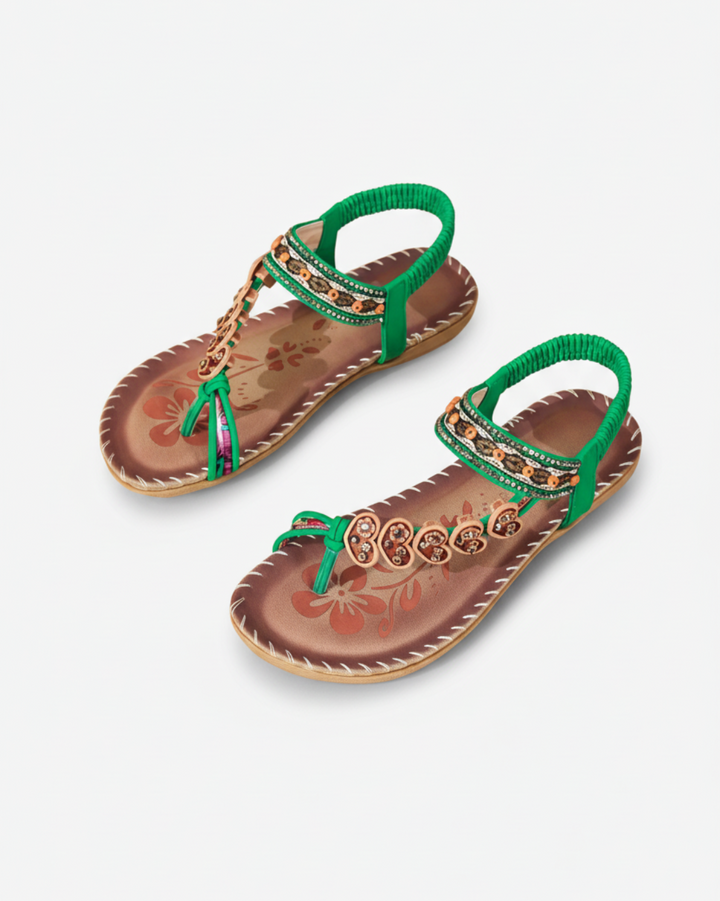 Thong Sandals Beaded Flower Elastic Ankle Strap Slip On