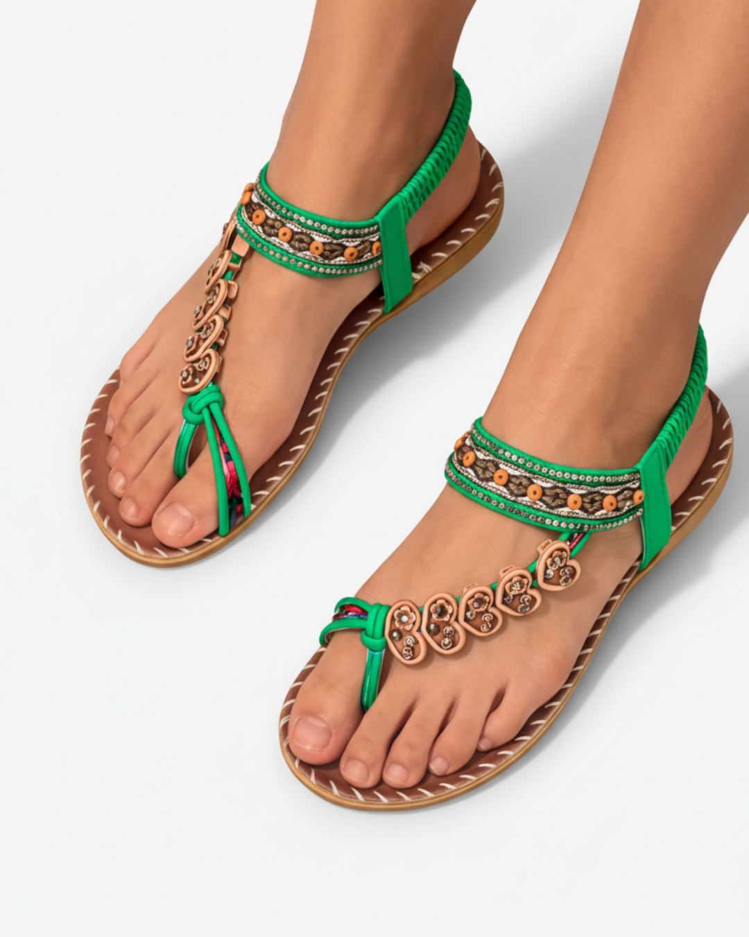 Thong Sandals Beaded Flower Elastic Ankle Strap Slip On