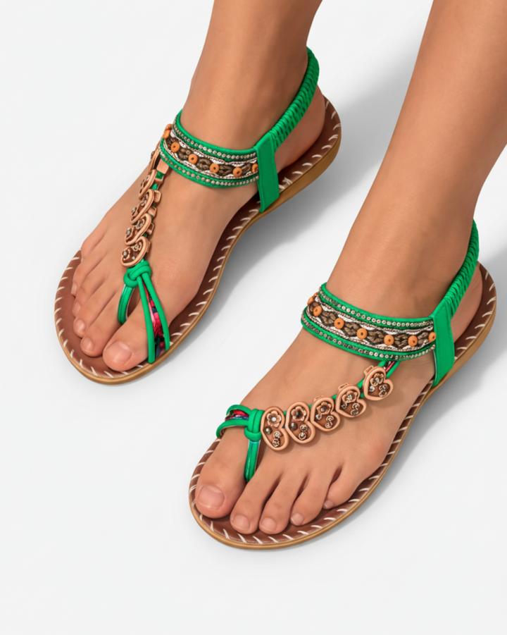 Thong Sandals Beaded Flower Elastic Ankle Strap Slip On