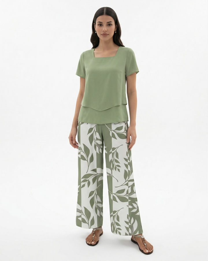 Two Piece Set Short Sleeve Top and Wide Leg Printed Pants