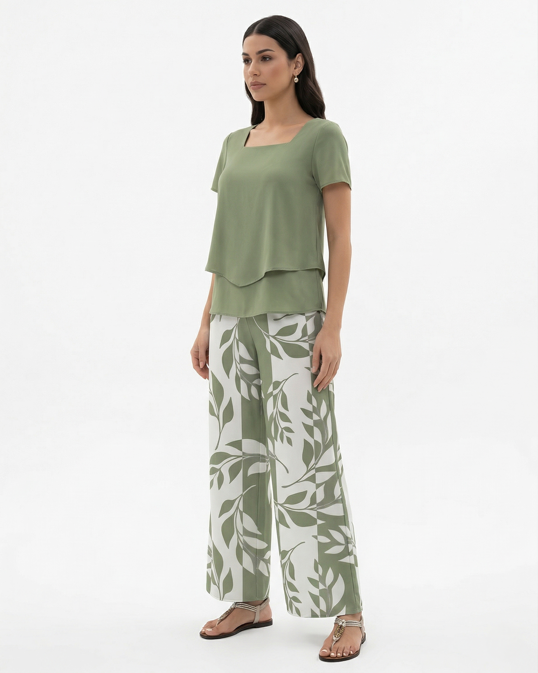 Two Piece Set Short Sleeve Top and Wide Leg Printed Pants
