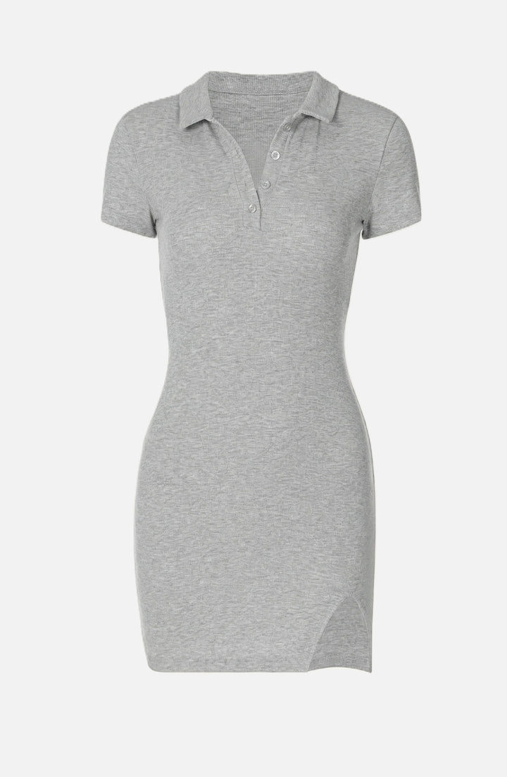 Ribbed Polo Mini Dress Slim Fit Button Front with Side Slit