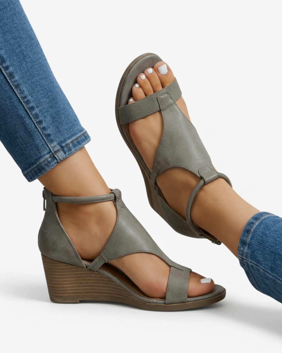 Cut-Out Wedge Sandals Ankle Strap Open Toe