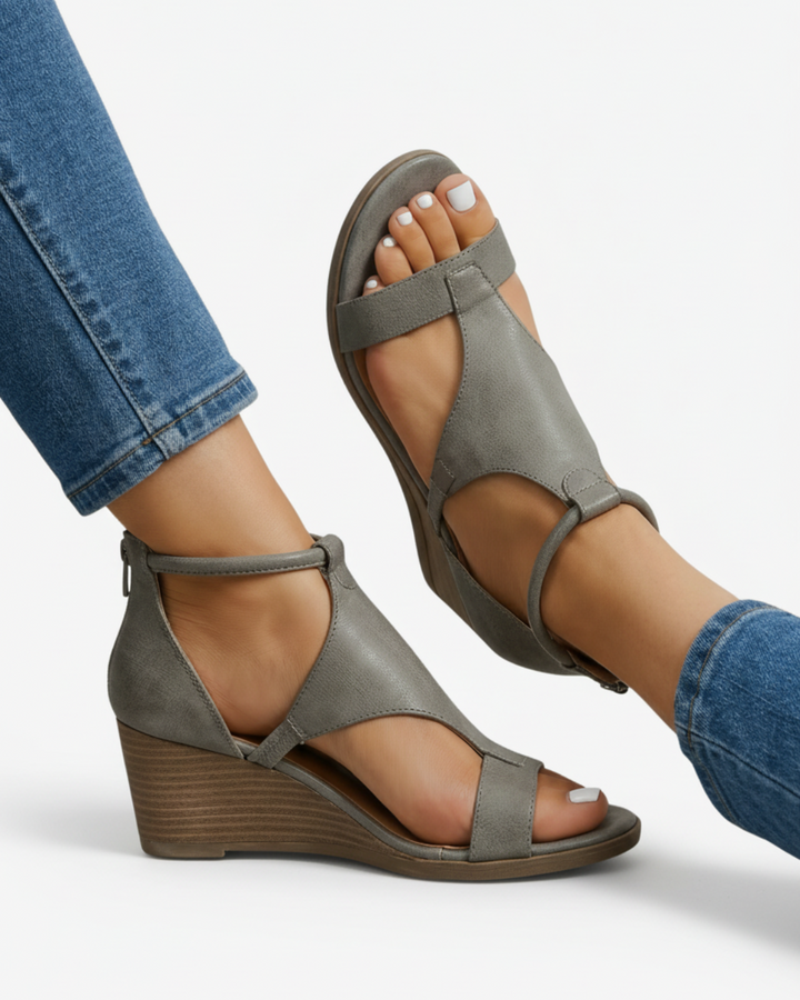 Cut-Out Wedge Sandals Ankle Strap Open Toe
