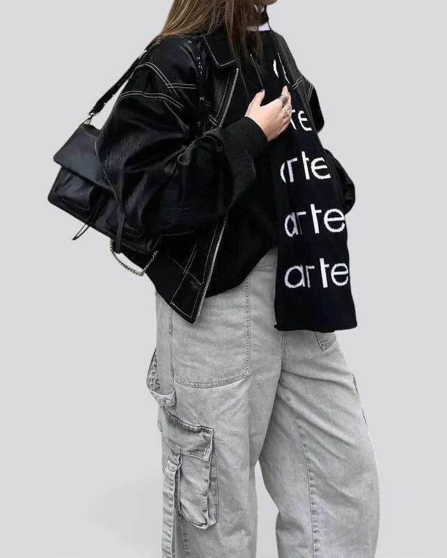 Women’s Leather Bomber Jacket – Classic Zip Up Bomber with Ribbed Cuffs for Fall Winter