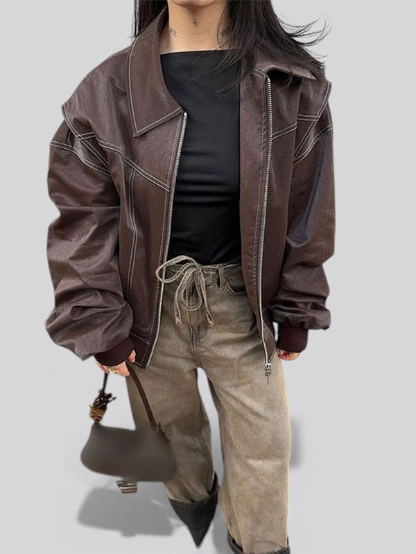 Women’s Leather Bomber Jacket – Classic Zip Up Bomber with Ribbed Cuffs for Fall Winter