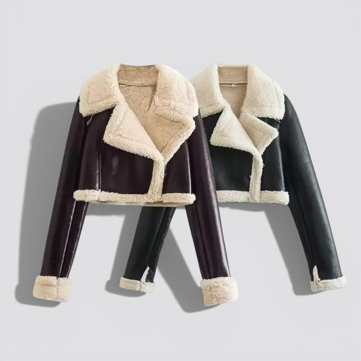 Reversible Cropped Jacket for Women – Faux Leather and Faux Fur Zip Up Warm Coat