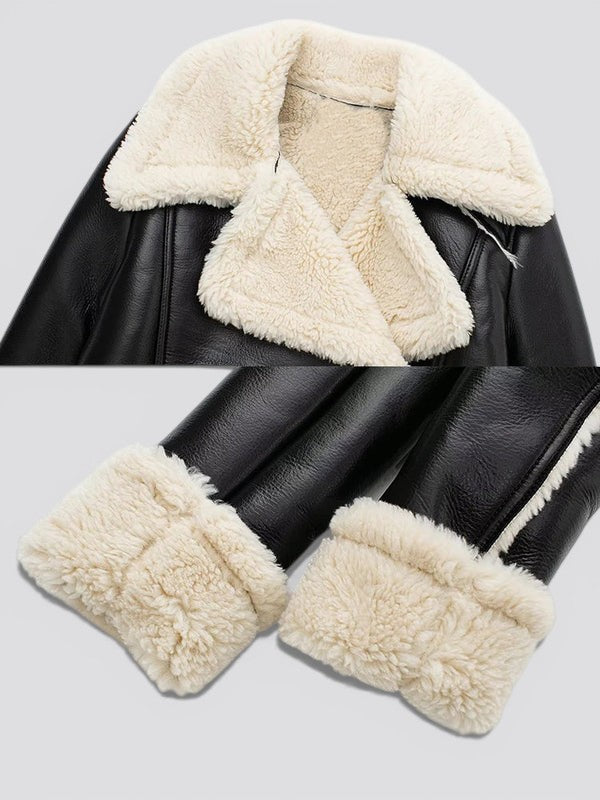 Reversible Cropped Jacket for Women – Faux Leather and Faux Fur Zip Up Warm Coat