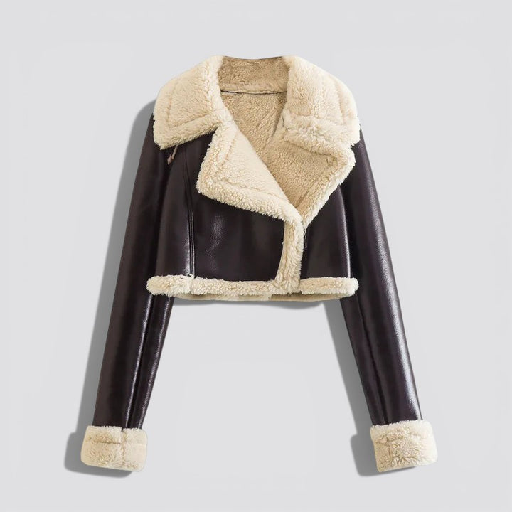 Reversible Cropped Jacket for Women – Faux Leather and Faux Fur Zip Up Warm Coat