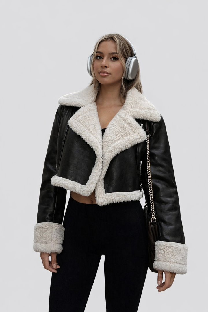 Reversible Cropped Jacket for Women – Faux Leather and Faux Fur Zip Up Warm Coat