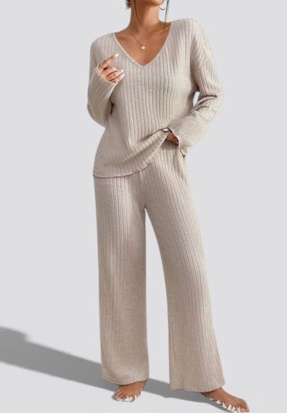 Women’s Ribbed Two Piece Lounge Set – V Neck Top and Relaxed Pants Soft Everyday Outfit