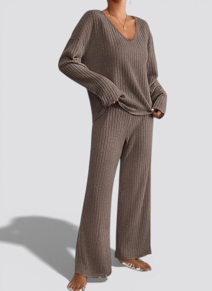 Women’s Ribbed Two Piece Lounge Set – V Neck Top and Relaxed Pants Soft Everyday Outfit