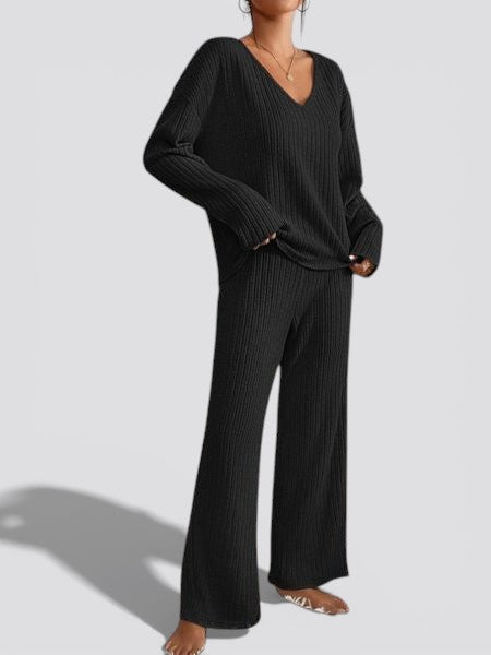 Women’s Ribbed Two Piece Lounge Set – V Neck Top and Relaxed Pants Soft Everyday Outfit