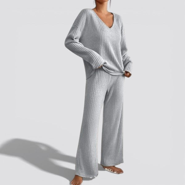 Women’s Ribbed Two Piece Lounge Set – V Neck Top and Relaxed Pants Soft Everyday Outfit