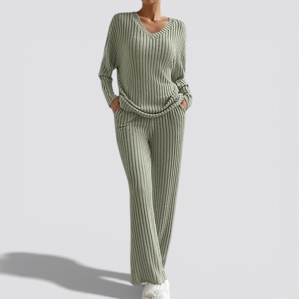 Women’s Ribbed Two Piece Lounge Set – V Neck Top and Relaxed Pants Soft Everyday Outfit