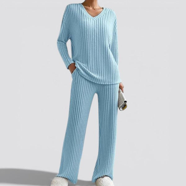 Women’s Ribbed Two Piece Lounge Set – V Neck Top and Relaxed Pants Soft Everyday Outfit