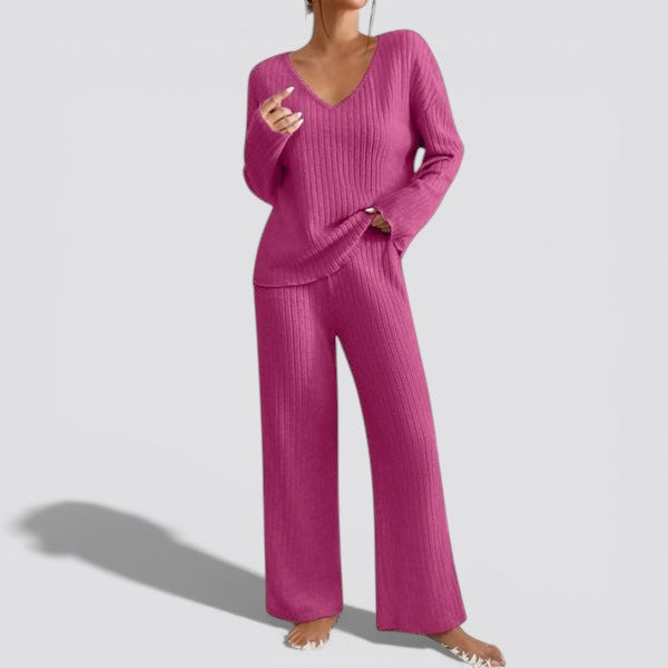 Women’s Ribbed Two Piece Lounge Set – V Neck Top and Relaxed Pants Soft Everyday Outfit