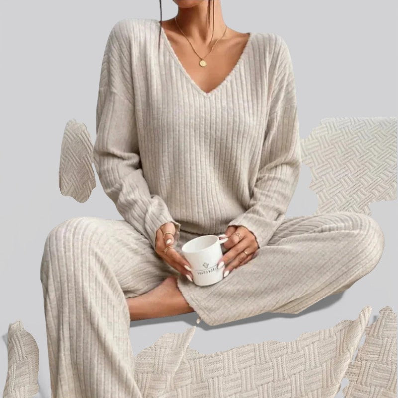 Women’s Ribbed Two Piece Lounge Set – V Neck Top and Relaxed Pants Soft Everyday Outfit