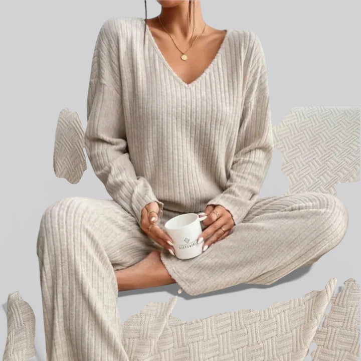 Women’s Ribbed Two Piece Lounge Set – V Neck Top and Relaxed Pants Soft Everyday Outfit