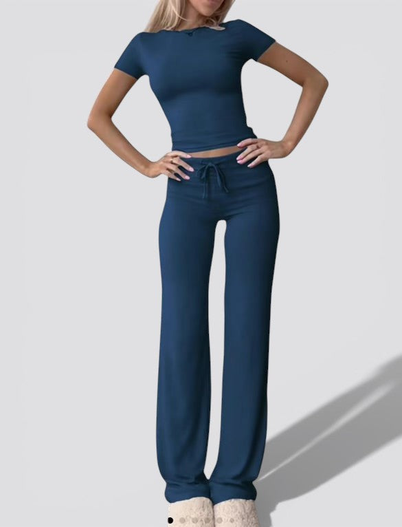 Women’s Casual 2 Piece Lounge Set – Short Sleeve Crop Top and High Waisted Straight Leg Pants