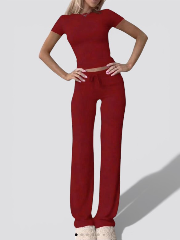 Women’s Casual 2 Piece Lounge Set – Short Sleeve Crop Top and High Waisted Straight Leg Pants