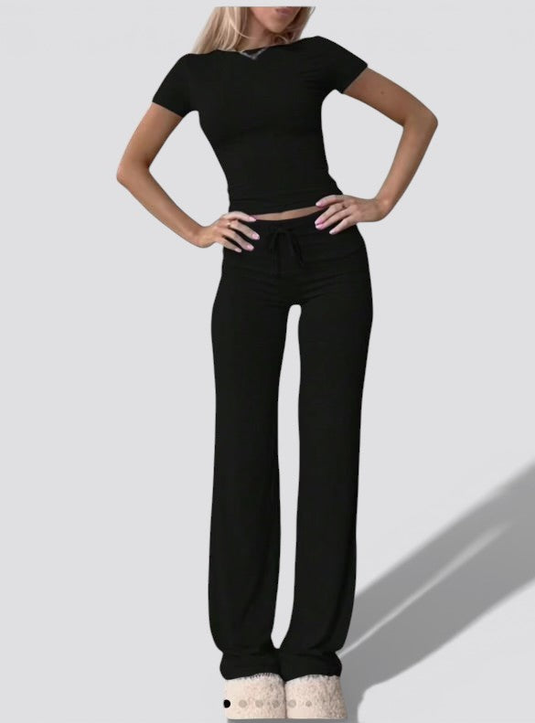 Women’s Casual 2 Piece Lounge Set – Short Sleeve Crop Top and High Waisted Straight Leg Pants