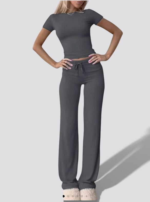 Women’s Casual 2 Piece Lounge Set – Short Sleeve Crop Top and High Waisted Straight Leg Pants