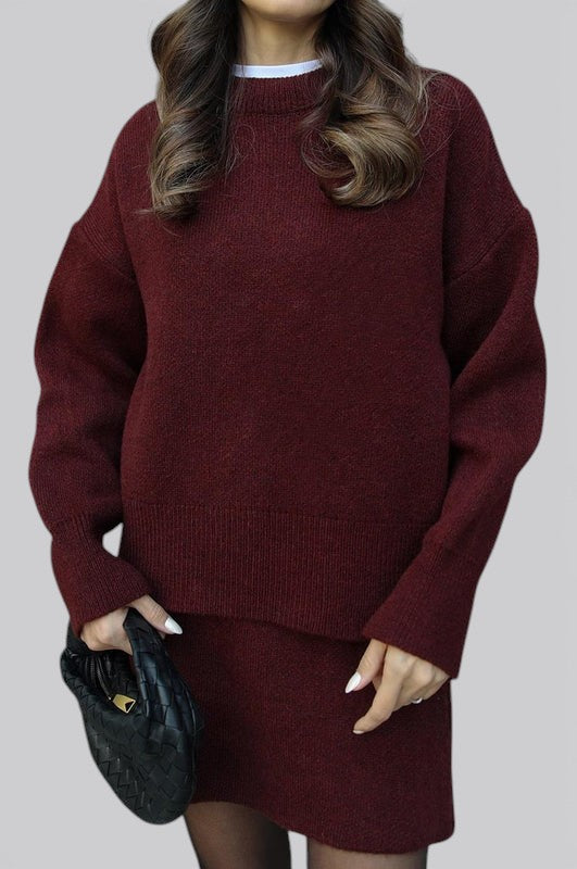 Women’s Knit Two Piece Skirt Set with Fitted Top and High Waist Skirt