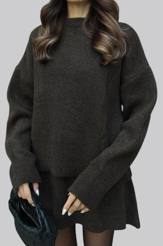 Women’s Knit Two Piece Skirt Set with Fitted Top and High Waist Skirt