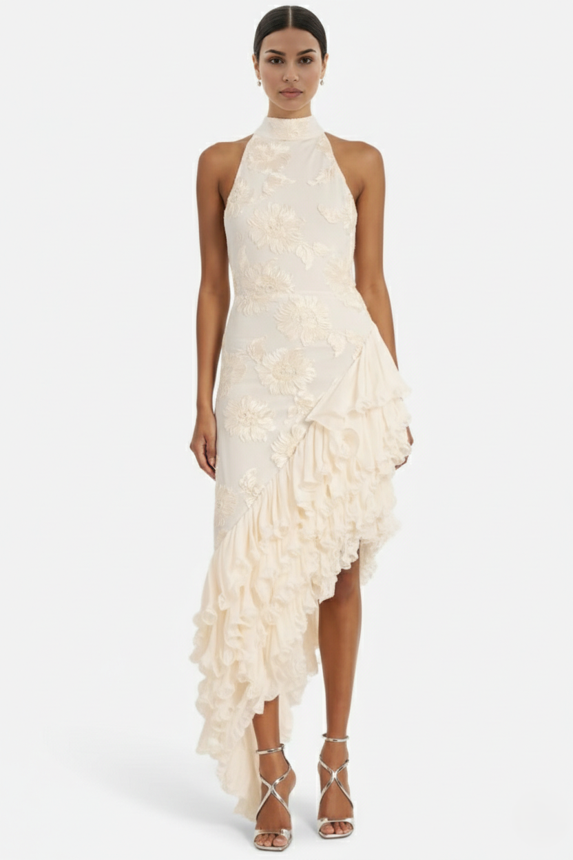 Halter Neck Floral Textured Asymmetric Ruffle Hem Maxi Dress