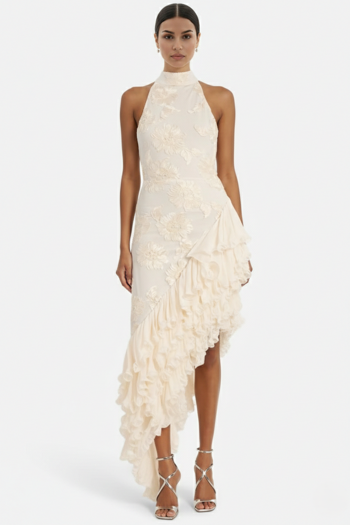 Halter Neck Floral Textured Asymmetric Ruffle Hem Maxi Dress