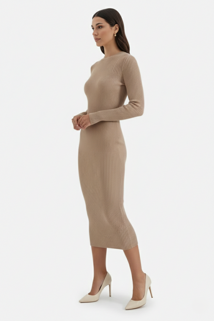 Bodycon Sweater Midi Dress Ribbed Knit Long Sleeve Crew Neck