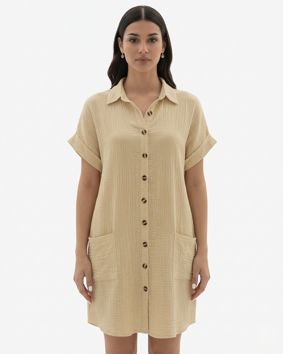 Button Down Shirt Dress Collared Rolled Cuff Sleeve with Pockets
