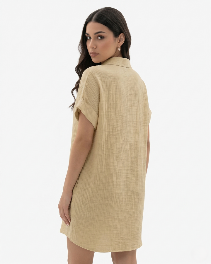 Button Down Shirt Dress Collared Rolled Cuff Sleeve with Pockets