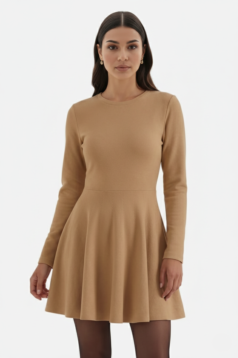 Knitted Long Sleeve Skater Dress - Fit and Flare A-Line Mini
