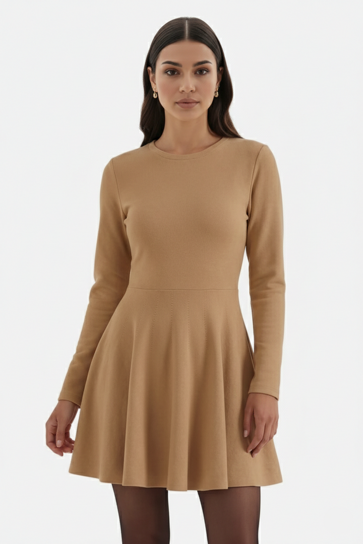 Knitted Long Sleeve Skater Dress - Fit and Flare A-Line Mini
