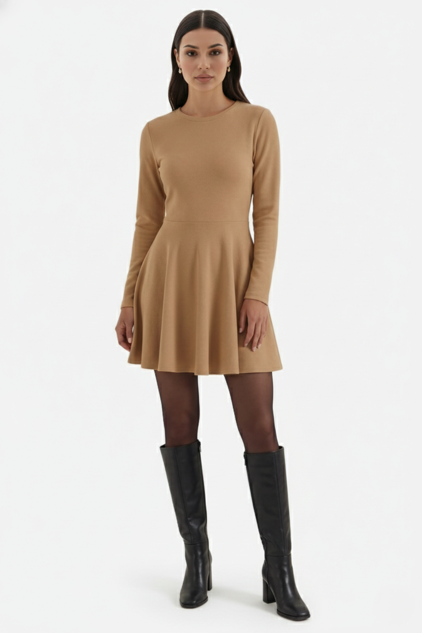 Knitted Long Sleeve Skater Dress - Fit and Flare A-Line Mini