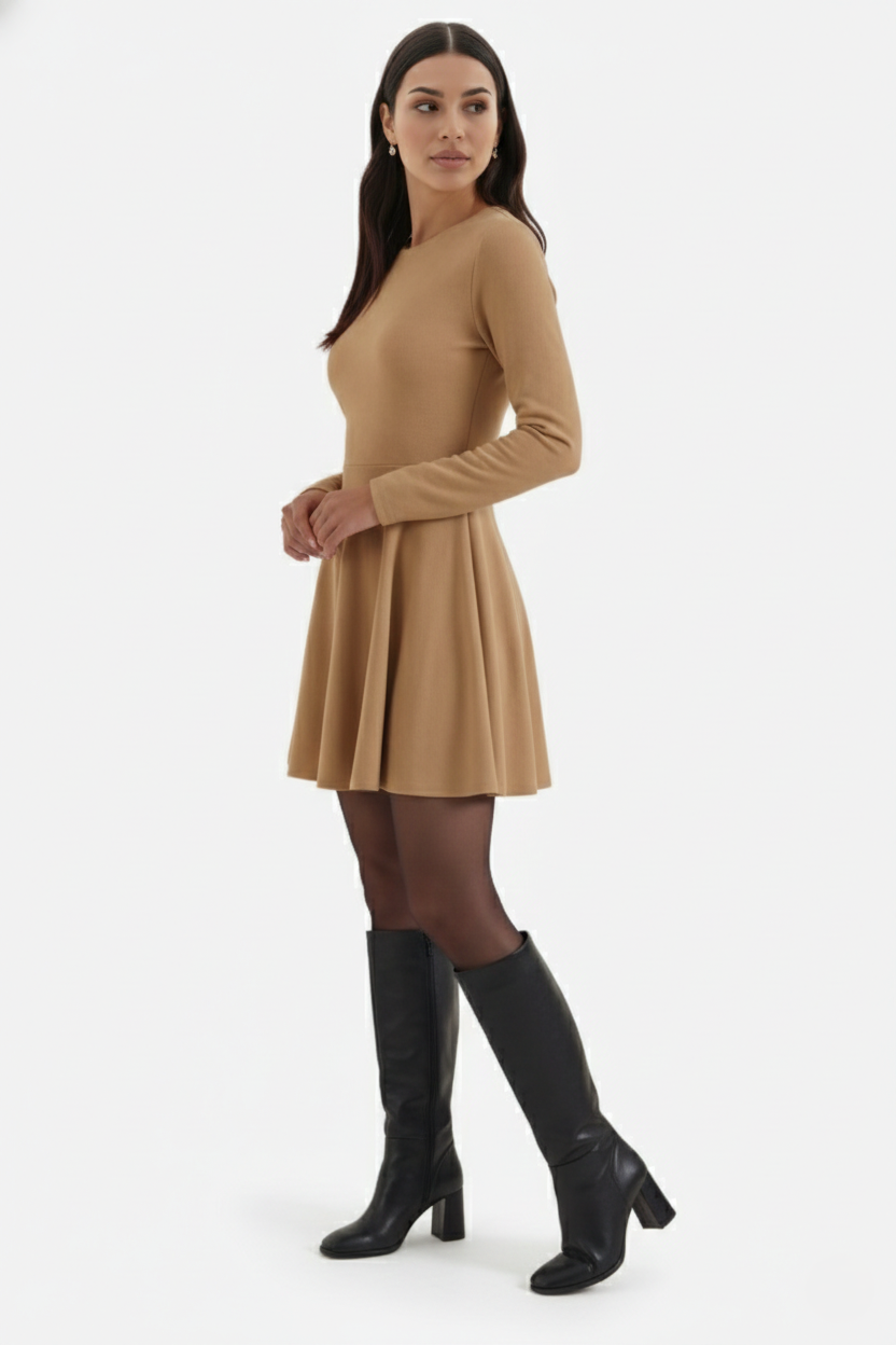 Knitted Long Sleeve Skater Dress - Fit and Flare A-Line Mini