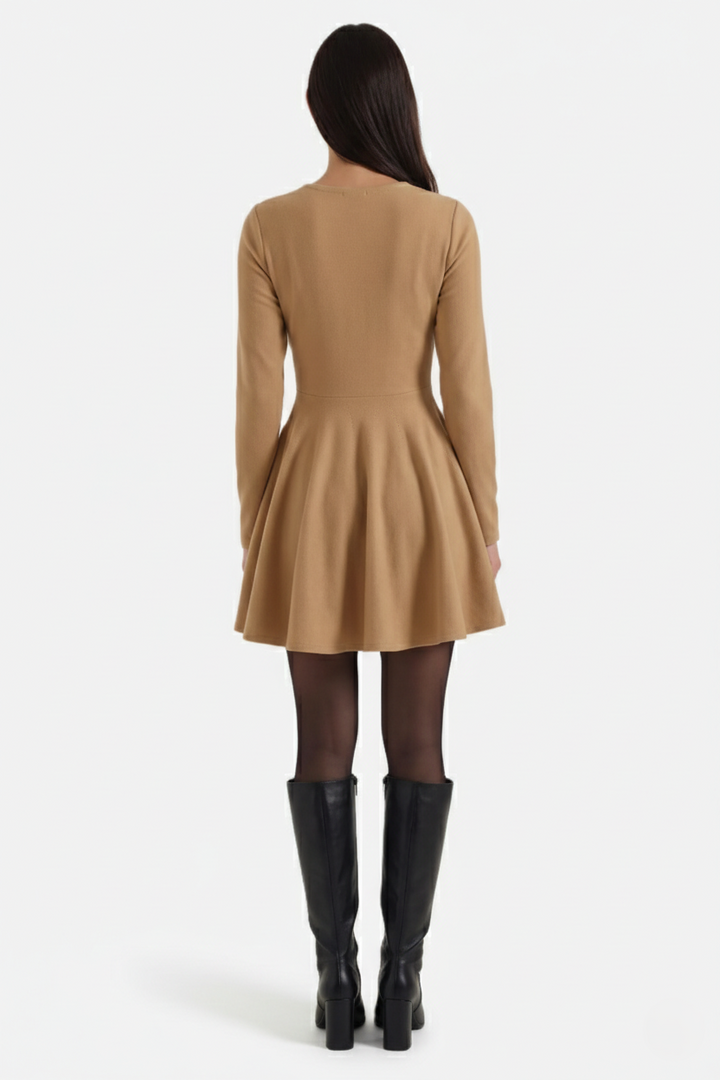 Knitted Long Sleeve Skater Dress - Fit and Flare A-Line Mini