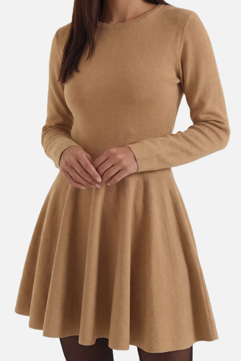 Knitted Long Sleeve Skater Dress - Fit and Flare A-Line Mini