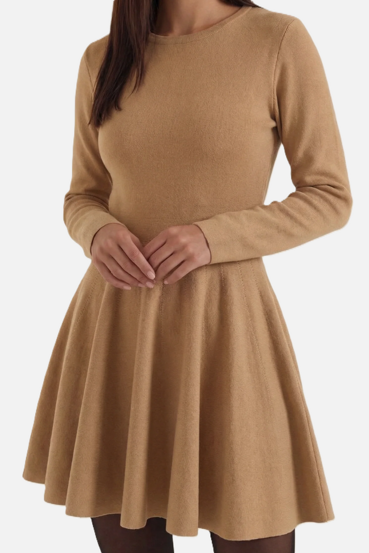 Knitted Long Sleeve Skater Dress - Fit and Flare A-Line Mini
