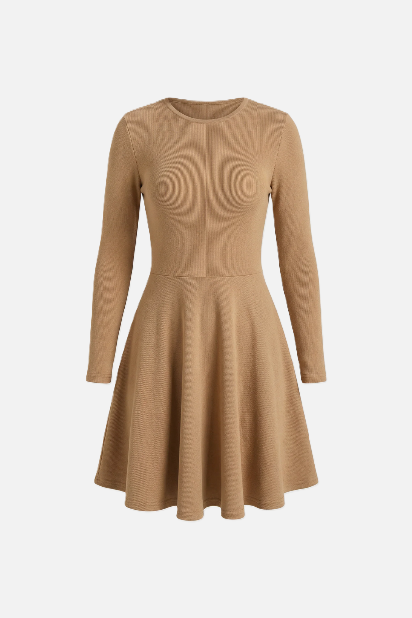 Knitted Long Sleeve Skater Dress - Fit and Flare A-Line Mini