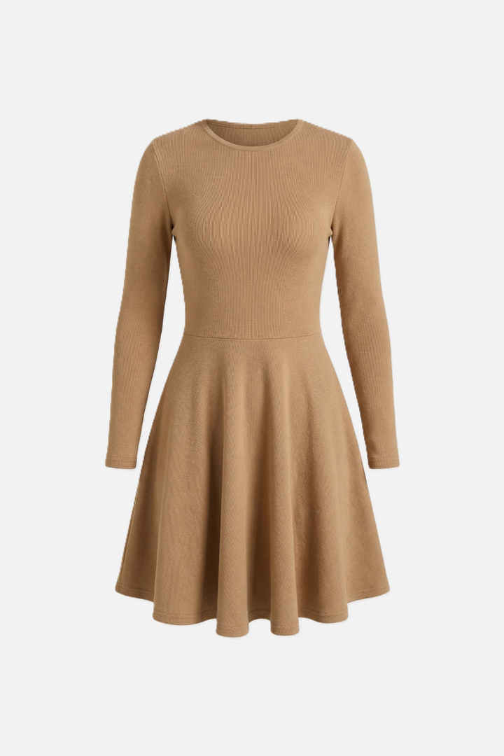 Knitted Long Sleeve Skater Dress - Fit and Flare A-Line Mini