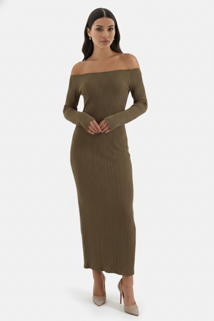 Off Shoulder Maxi Dress Slim Fit Long Sleeve Ribbed Knit