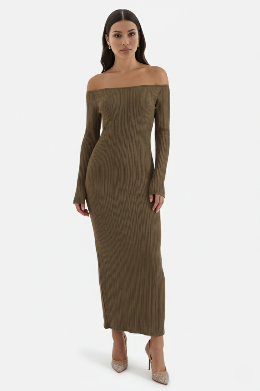 Off Shoulder Maxi Dress Slim Fit Long Sleeve Ribbed Knit