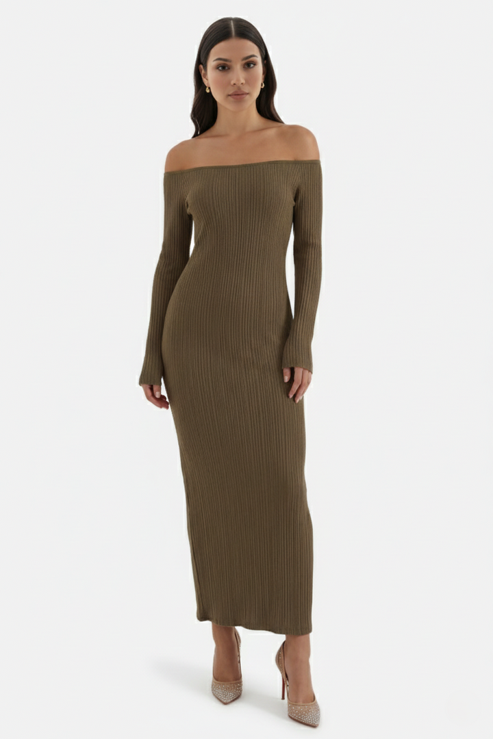 Off Shoulder Maxi Dress Slim Fit Long Sleeve Ribbed Knit