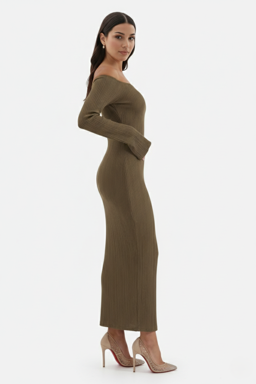 Off Shoulder Maxi Dress Slim Fit Long Sleeve Ribbed Knit